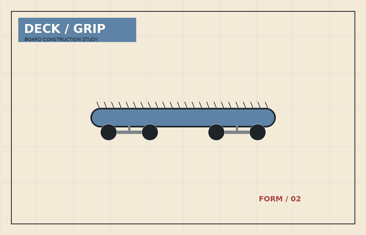 Illustrative stock photograph of skateboard deck, wheels, and grip-texture details
